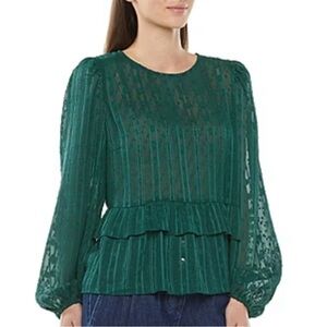 Ryegrass Women’s Green Semi Sheer Ruffle Tiered Peplum Textured Blouse Medium